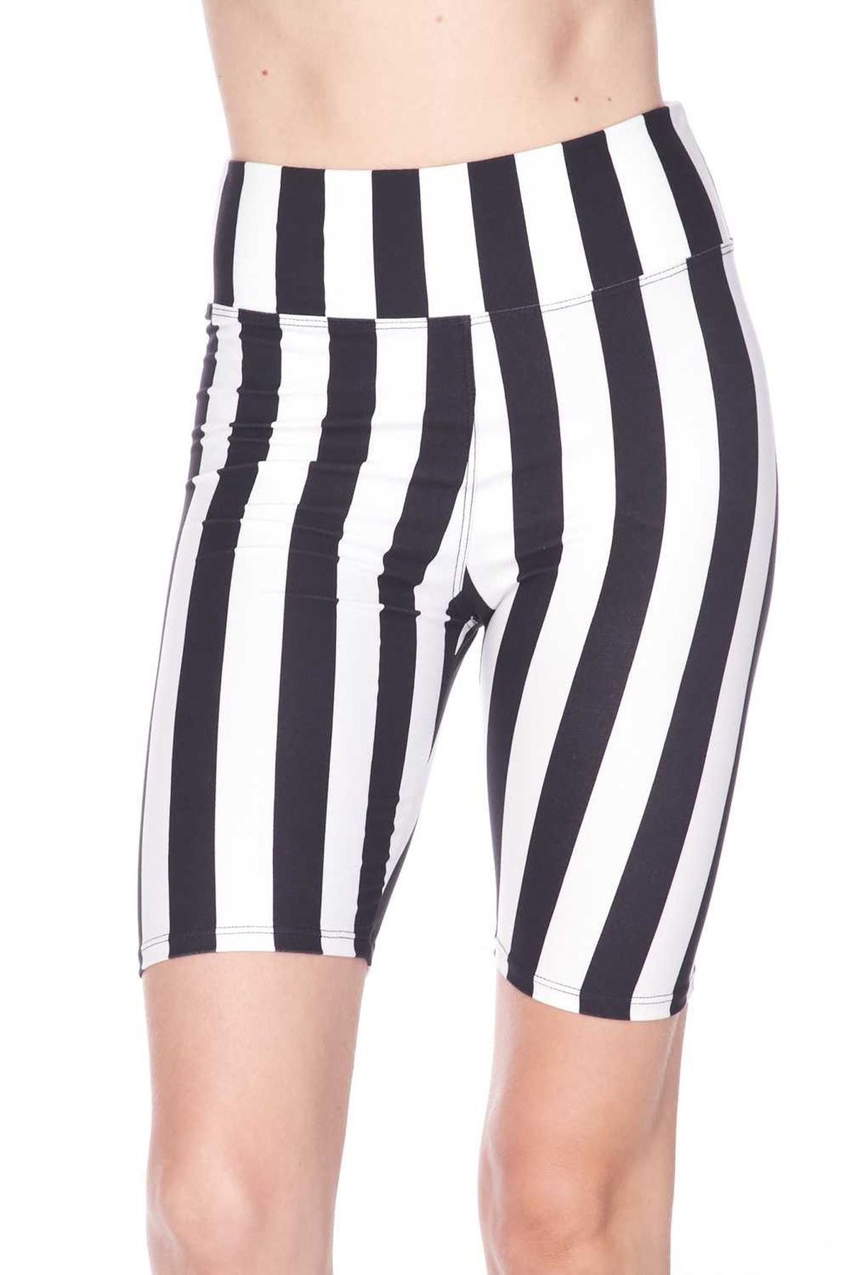 Buttery Soft Vertical Wide Stripe Biker Shorts - 3 Inch Waist Band (One Size Regular,Black)