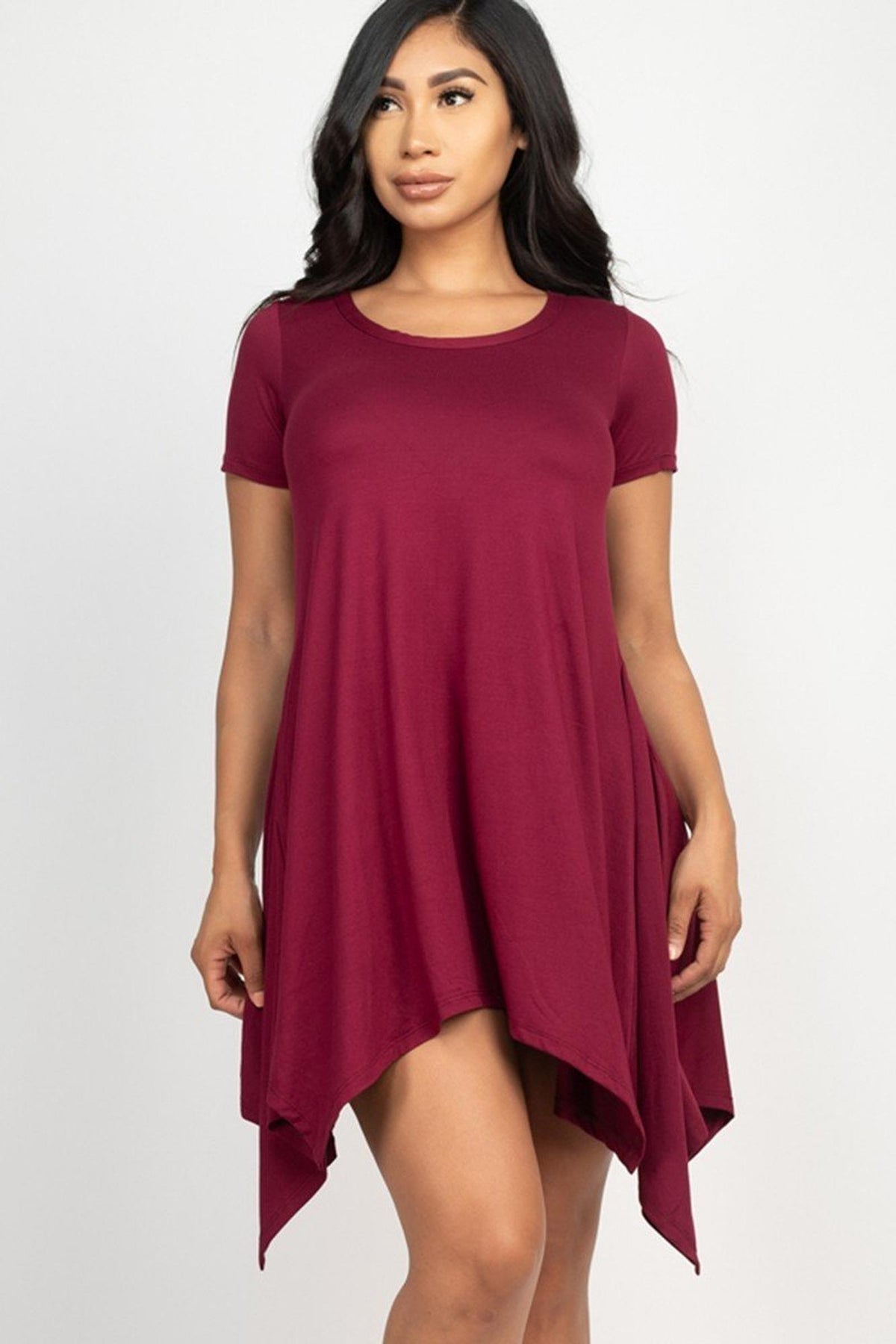 Solid Asymmetrical Short Sleeve Trapeze Dress