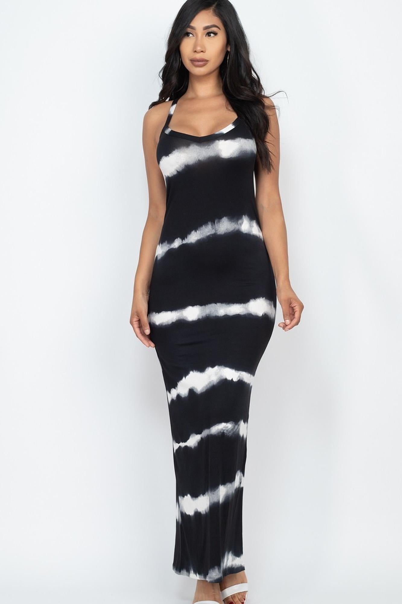 Tie Dye Striped Sleeveless Racer Back Maxi Dress