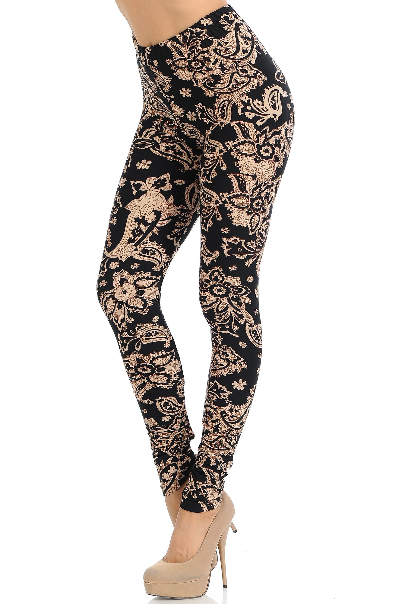Buttery Soft Sand Pepper Paisley Plus Size Leggings (One Size Plus,Beige)