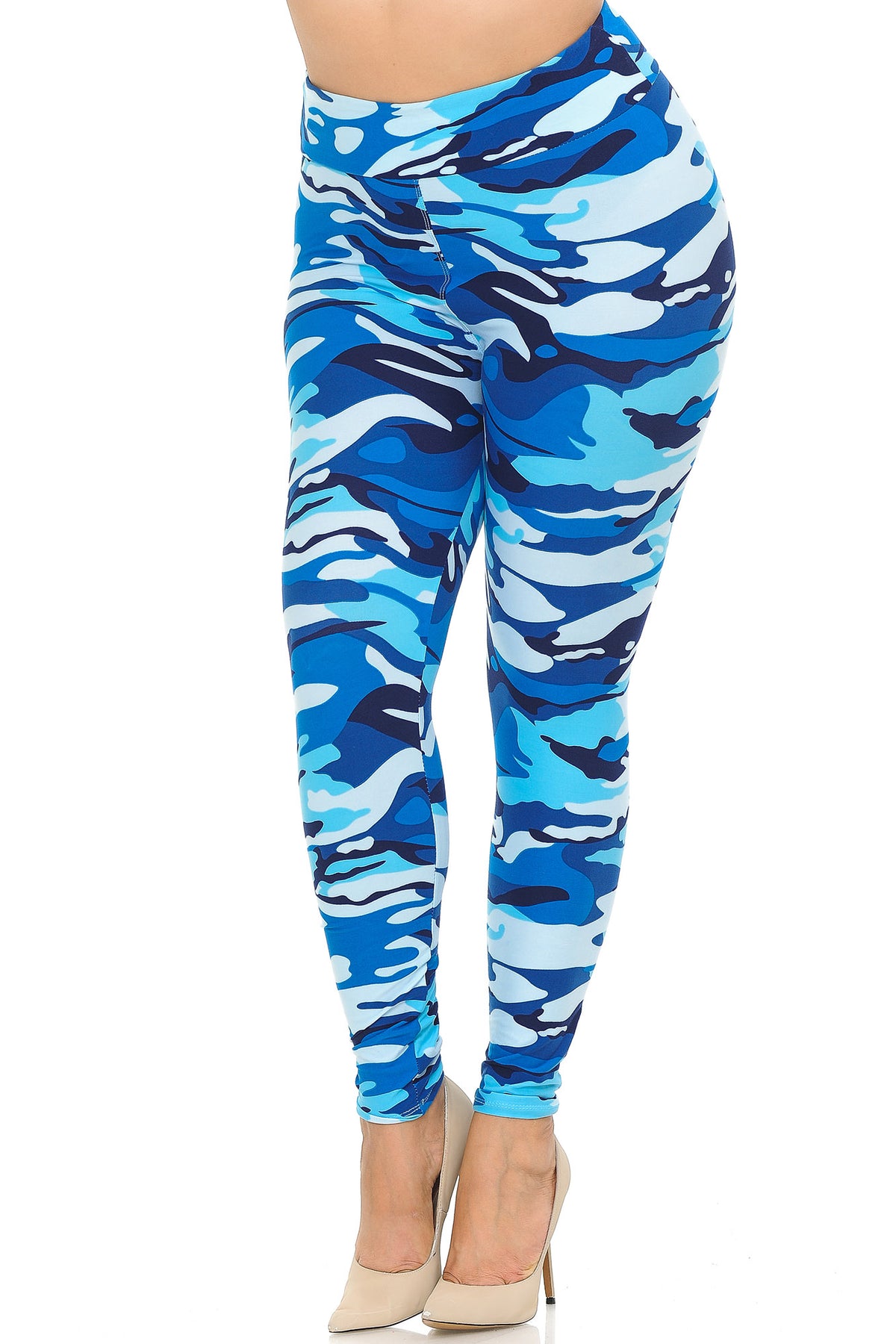 Buttery Soft Blue Camouflage High Waisted Plus Size Leggings - EEVEE (One Size Plus,Blue)
