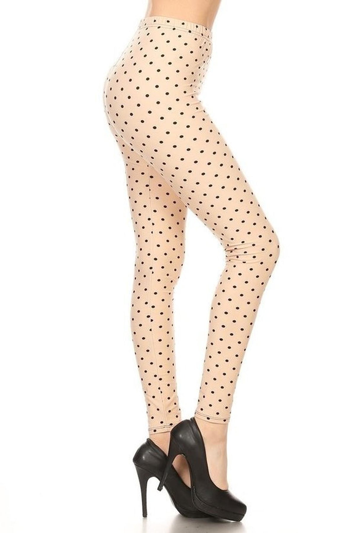 Buttery Soft Black on Beige Polka Dot Leggings (One Size Regular,Beige)