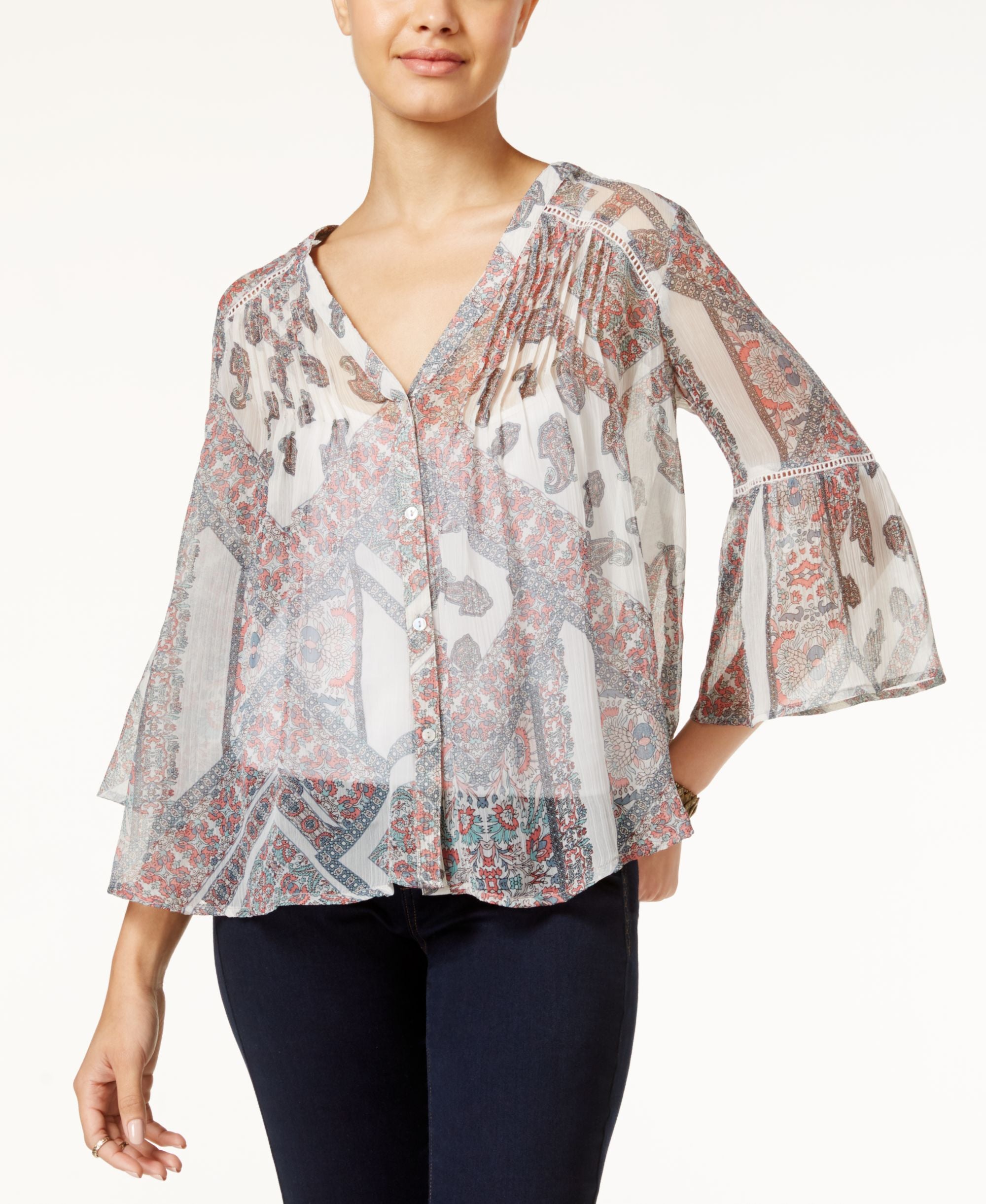 Jessica Simpson Skip Printed Crochet Trim Peasant Top