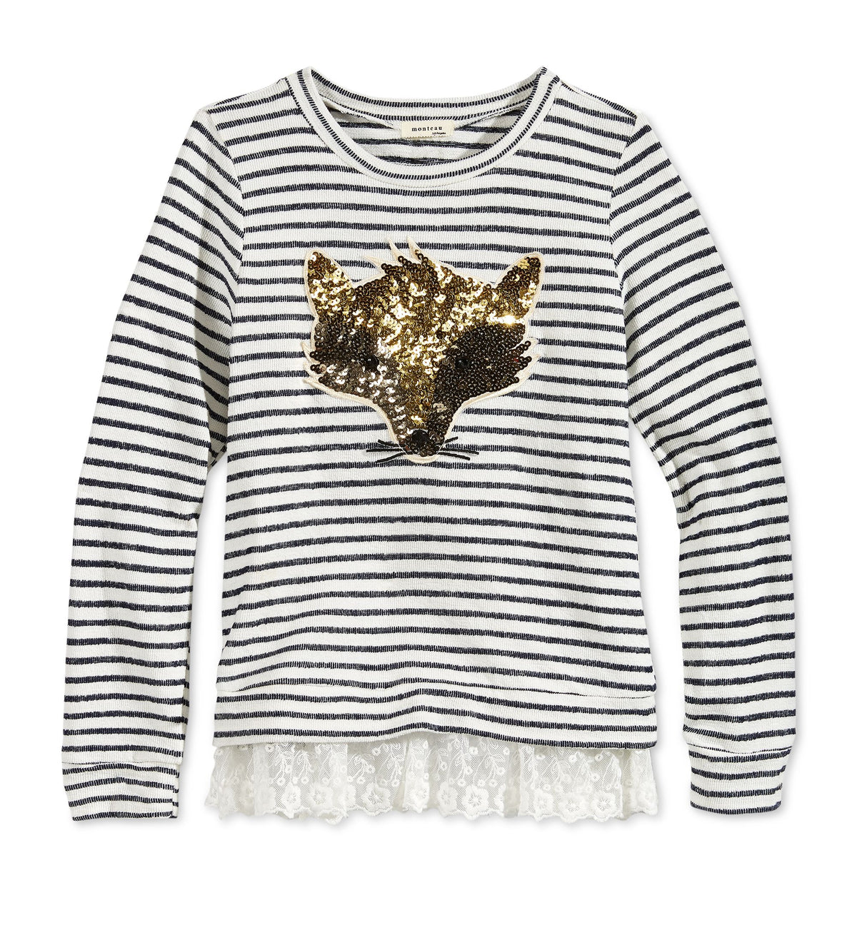 Monteau Girls' Striped Fox Lace-Hem Sweat Top