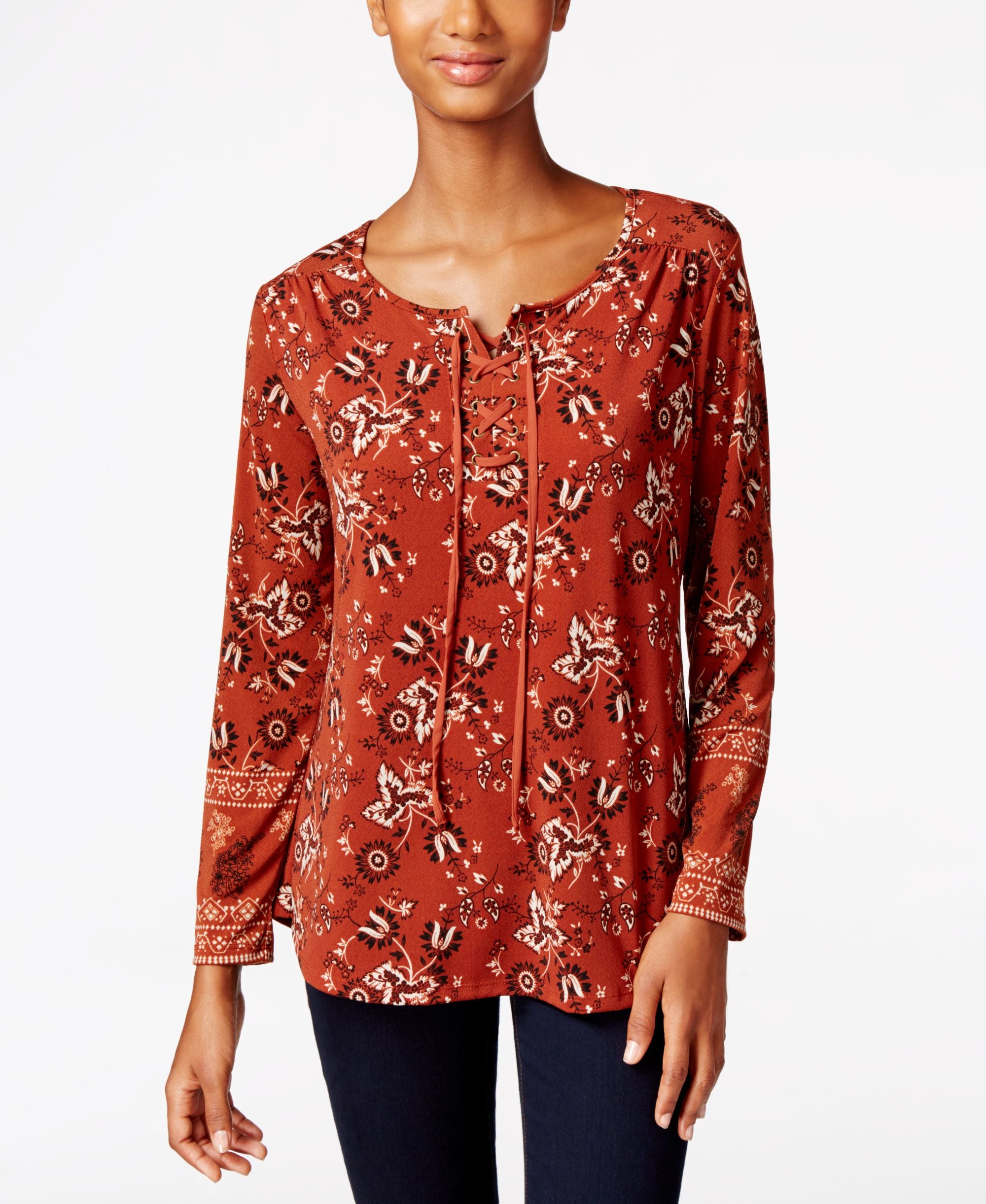 Style & Co Petite Printed Lace-Up Top