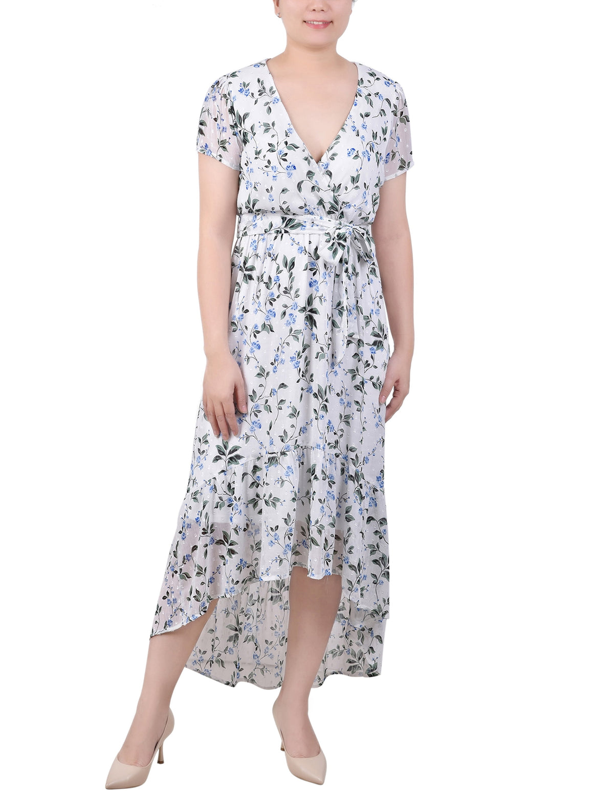 Petite Short Sleeve High Low Hem Chiffon Dress