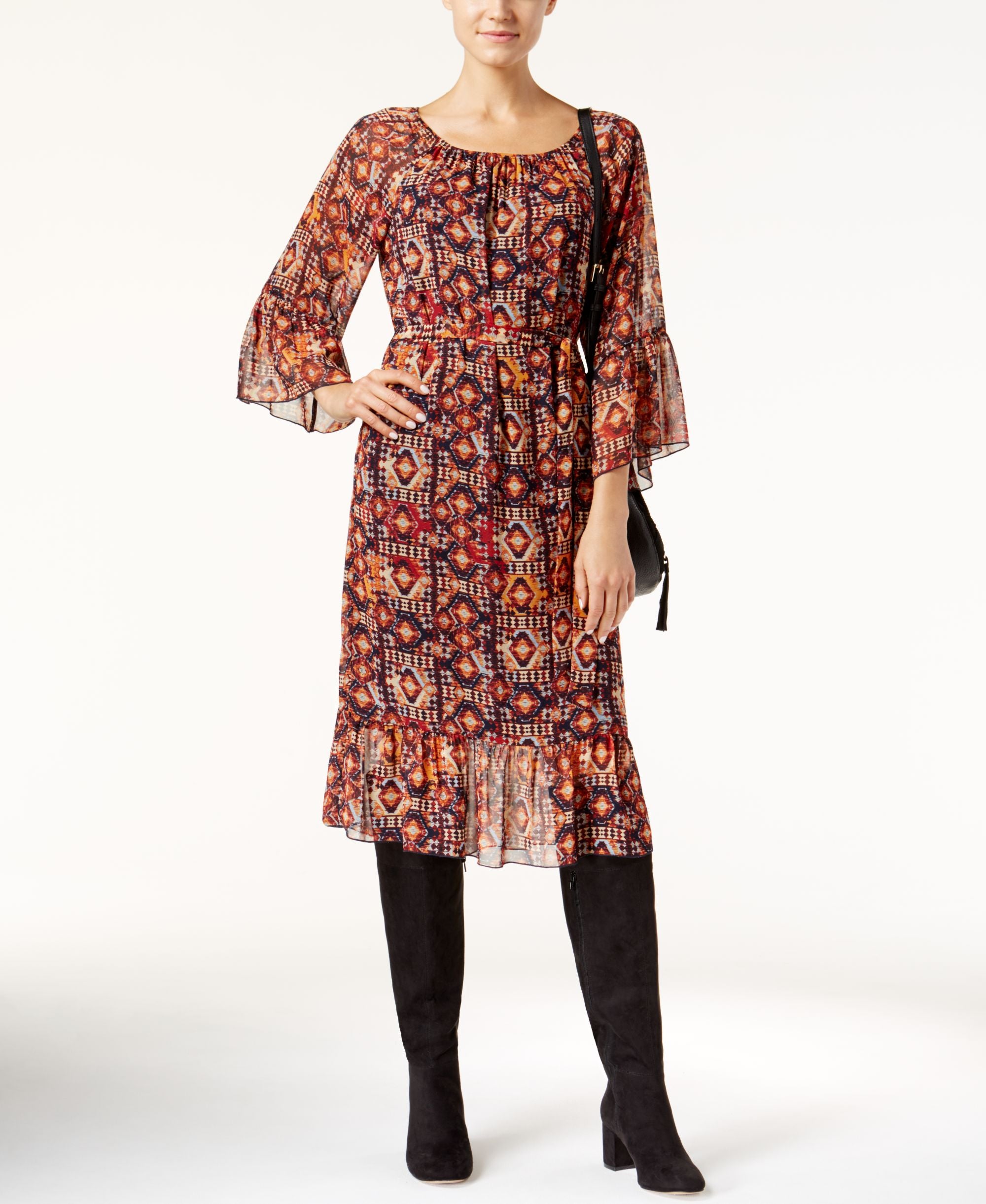 Womens Petite Printed Peasant Dress