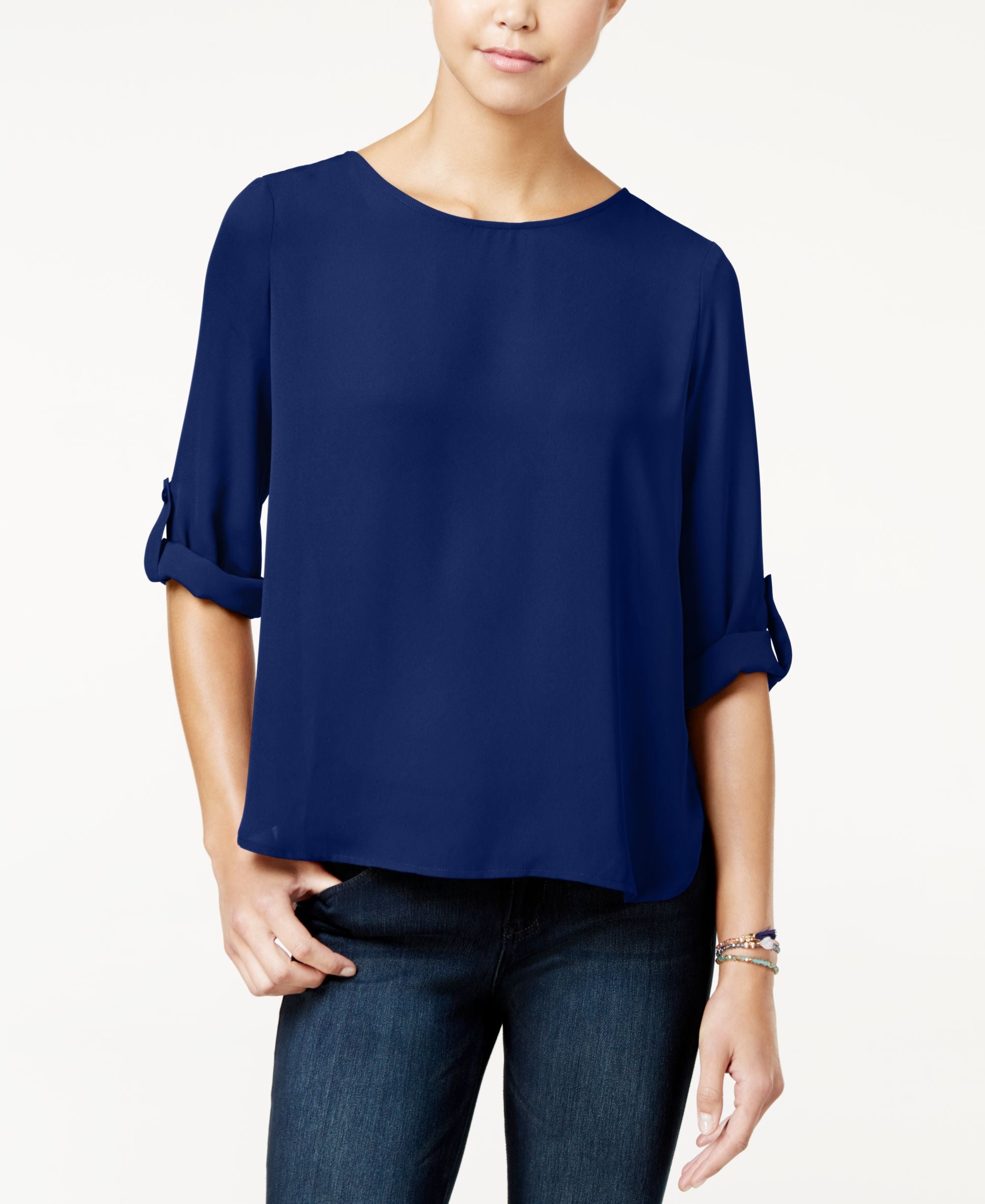 Hippie Rose Juniors Roll-Sleeve Woven Top