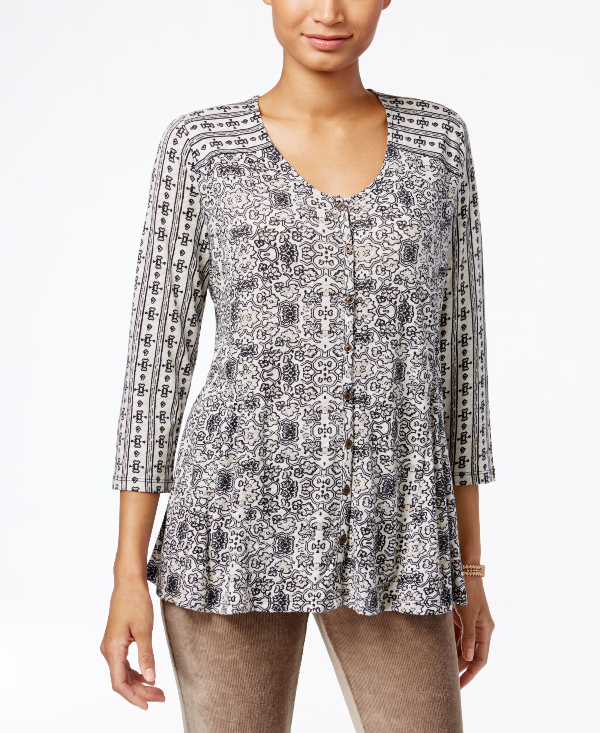Style & Co Petite Mixed-Print Swing Blouse