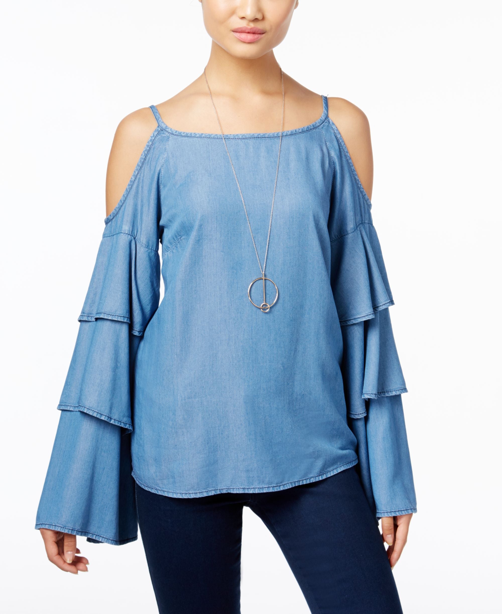 INC International Concepts Denim Ruffled Cold Shoulder Top
