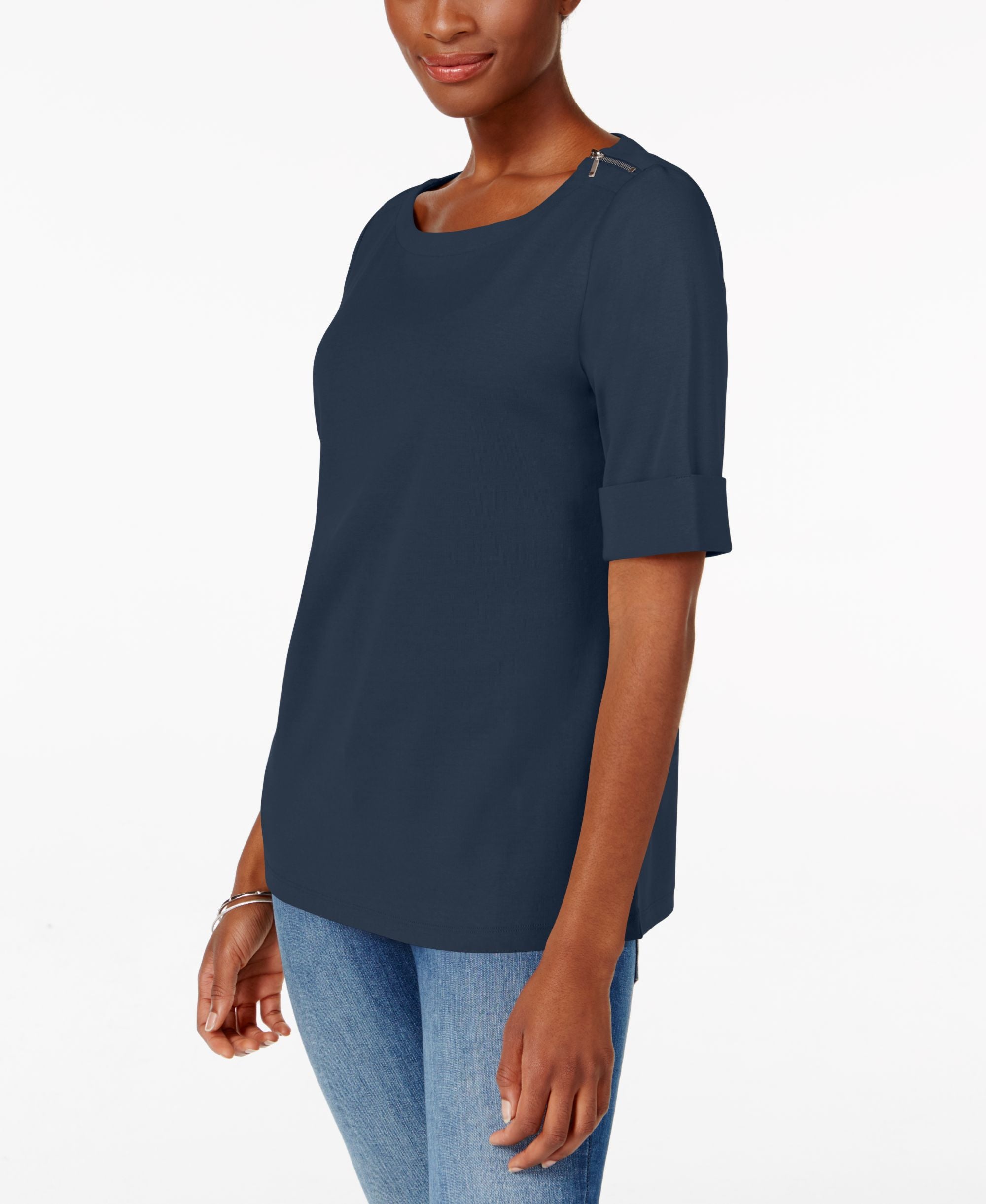 Karen Scott Elbow Sleeve Zip Shoulder Top