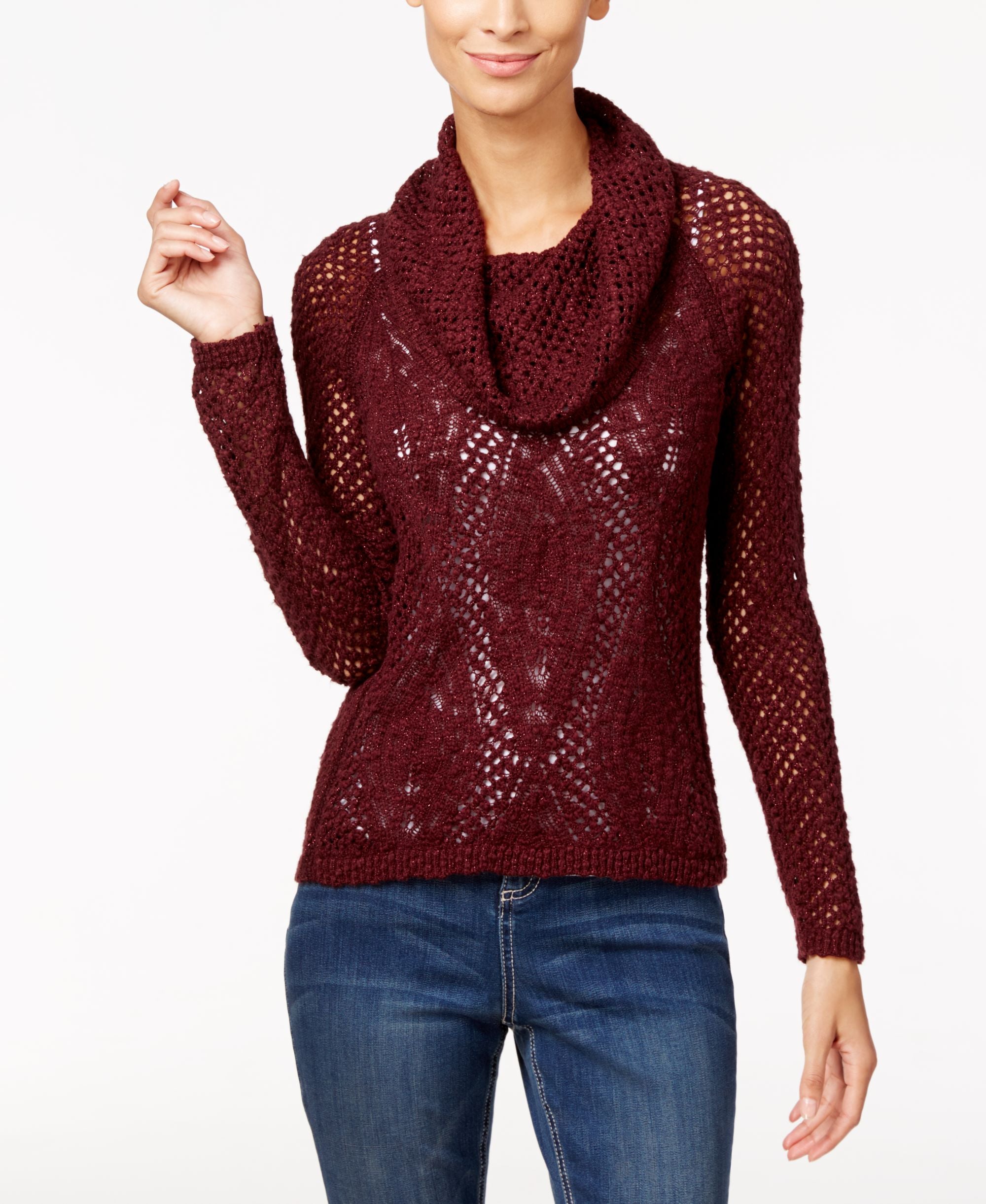 INC International Concepts Petite Metallic Cowl Neck Open Knit Sweater