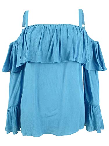 INC Womens Ruffled Cold Shoulder Blouse Blue L