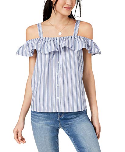 Ultra Flirt Juniors Striped Off-The-Shoulder Blouse (BlueWhite Stripe, Large)