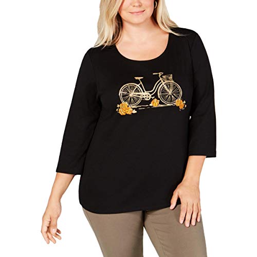 Karen Scott Womens Plus 3/4 Sleeves Embroidered T-Shirt Black 1X