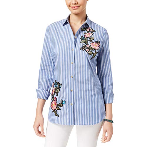 Juniors' Floral-Embroidered Striped Shirt
