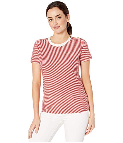 Ralph Lauren Stripe-Print Button-Shoulder Cotton T-Shirt
