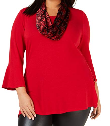Plus Size Bell-Sleeve Top & Printed Velvet Scarf
