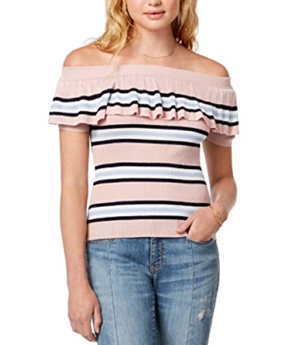 Juniors' Striped Off-The-Shoulder Flounce Sweater