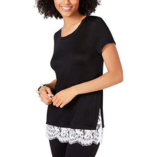 INC Short-Sleeve Lace-Trim Knit Top