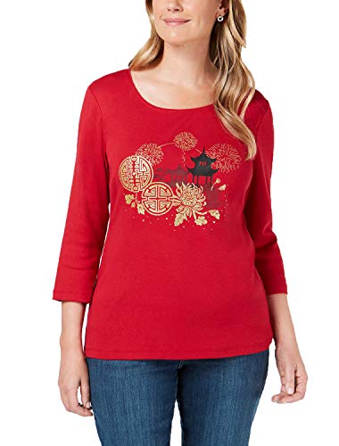 Karen Scott Cotton Embellished Graphic T-Shirt (New Red Amore, XL)