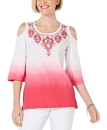 Petite Cotton Embroidered Ombré Cold-Shoulder Top