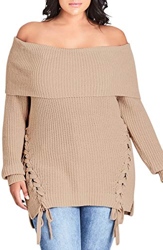 City Chic Plus Off-The-Shoulder Lace-Up Sweater (Vanilla, 16W)