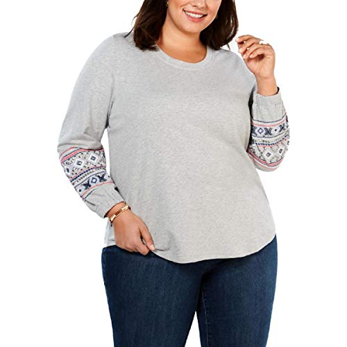 Plus Size Cotton Embroidered-Sleeve Sweatshirt