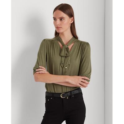 LAUREN RALPH LAUREN Womens Tie Relaxed Fit Button Placket Elbow Sleeve V Neck Top