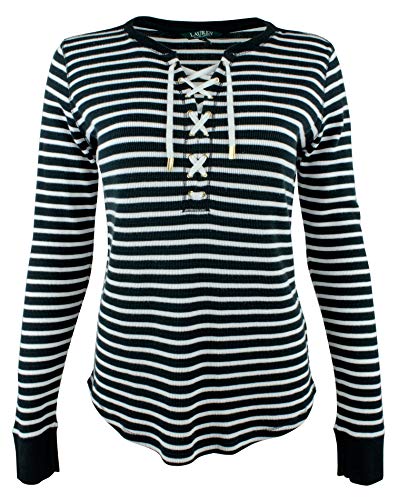 Lauren Ralph Lauren Lace Up Striped Waffle Knit Cotton Top