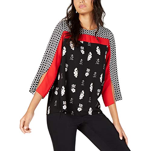 Alfani Womens Split Sleeve Printed Blouse Black L