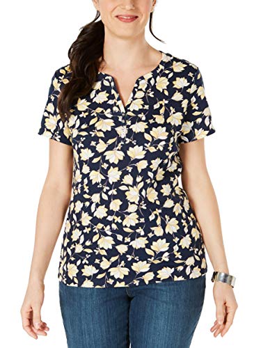 Karen Scott Printed Split-Neck T-Shirt (Intrepid Blue, XL)