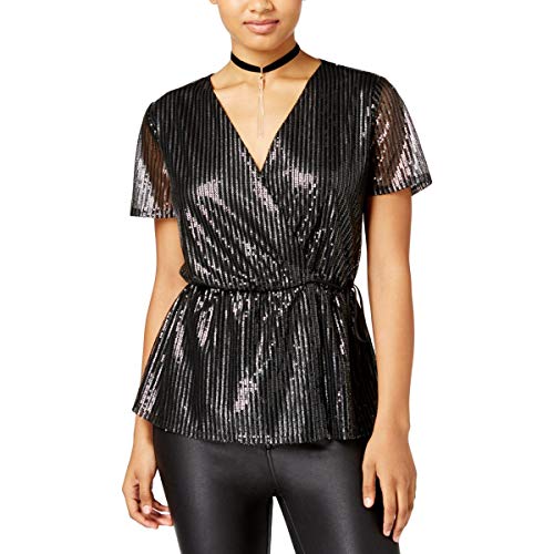 Juniors' Sequined Faux-Wrap Top