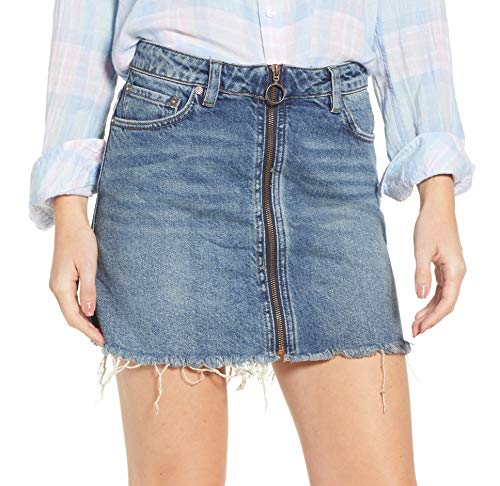 Free People Women's Zip-Front Frayed-Hem Denim Skirt