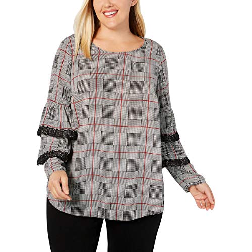 Plus Size Plaid Lace-Trim Tiered-Sleeve Top