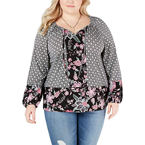Plus Size Mixed-Print Bishop-Sleeve Top
