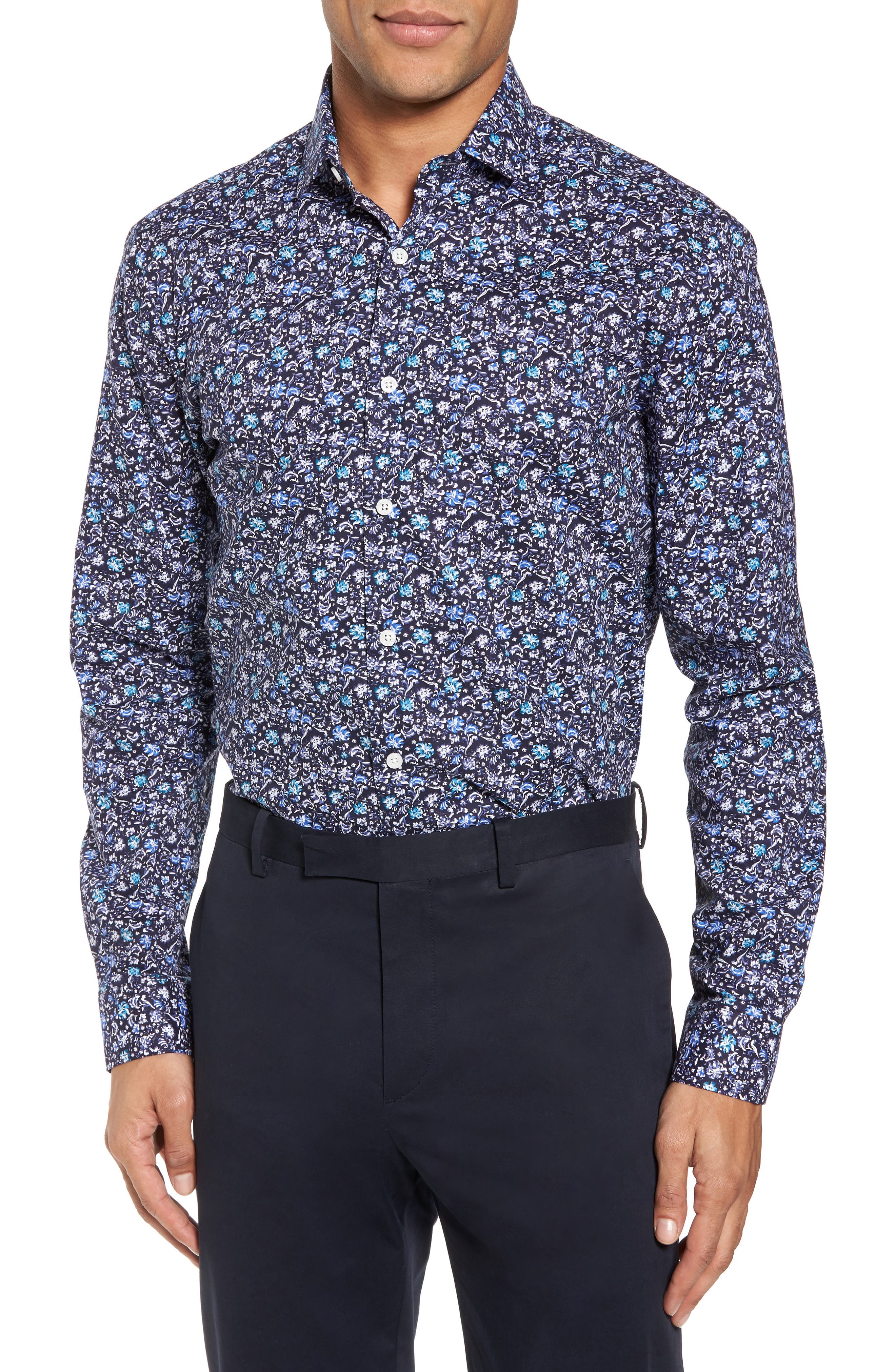 Duchamp Men's Trim Fit Floral Dress Shirt