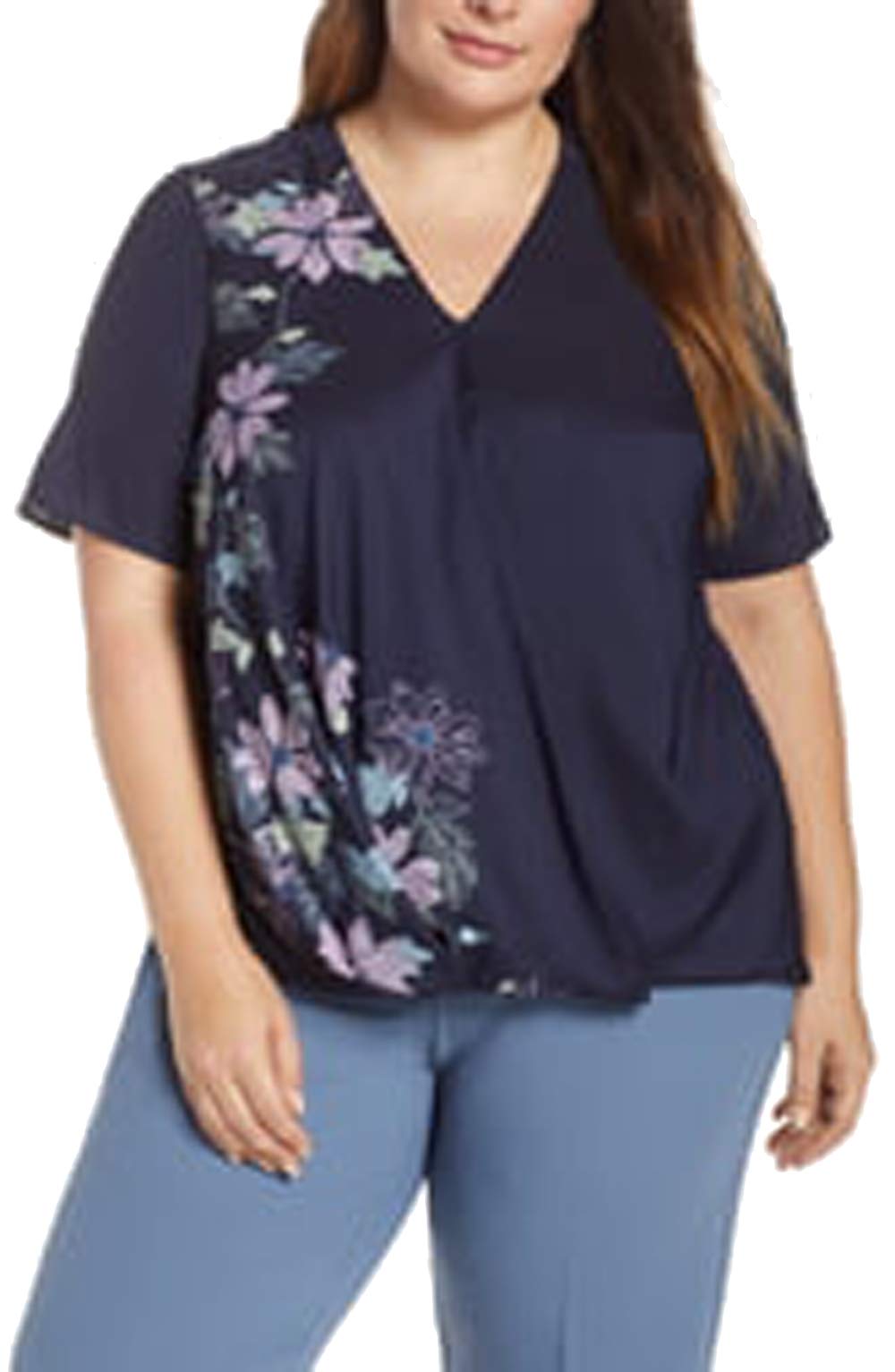 Vince Camuto Womens Plus Floral Wrap Pullover Top Navy 2X