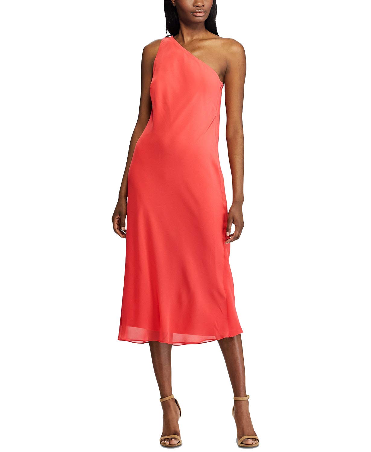 Lauren Ralph Lauren Rhinestone Pin Single Shoulder Chiffon Dress