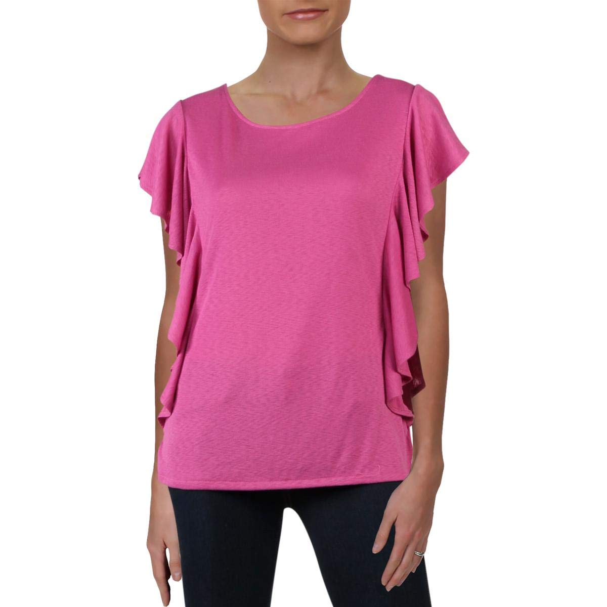 Rachel Roy Womens Purple Ruffled Short Sleeve Jewel Neck Top