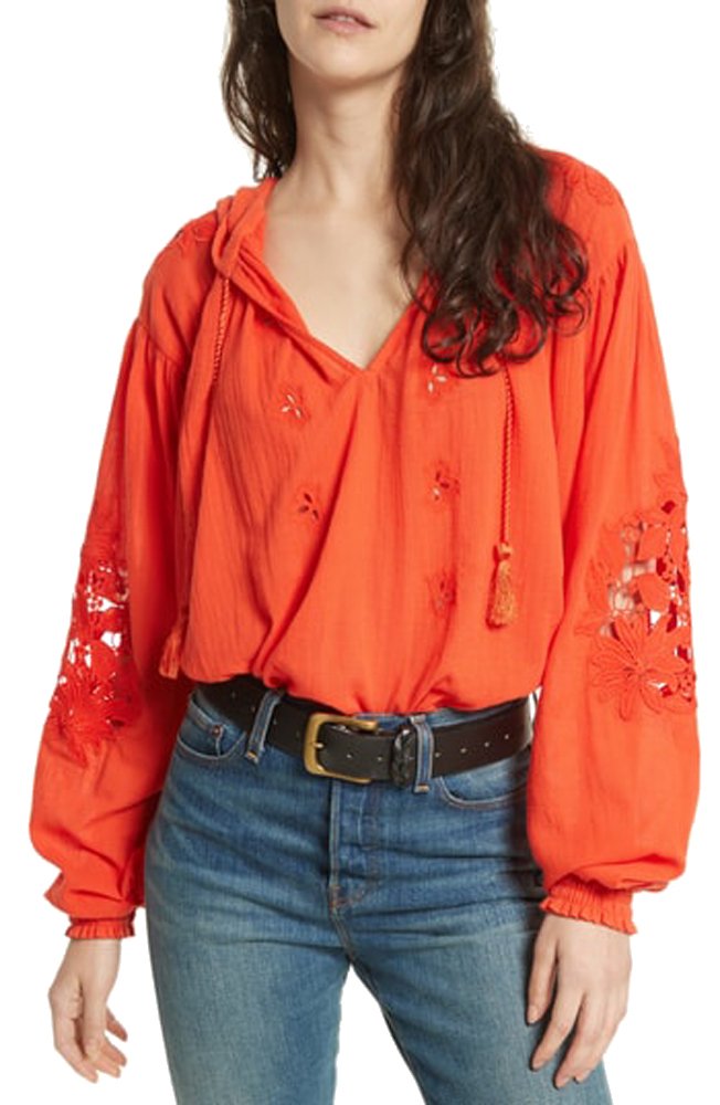 Free People Womens Hooded Crochet Trim Peasant Top