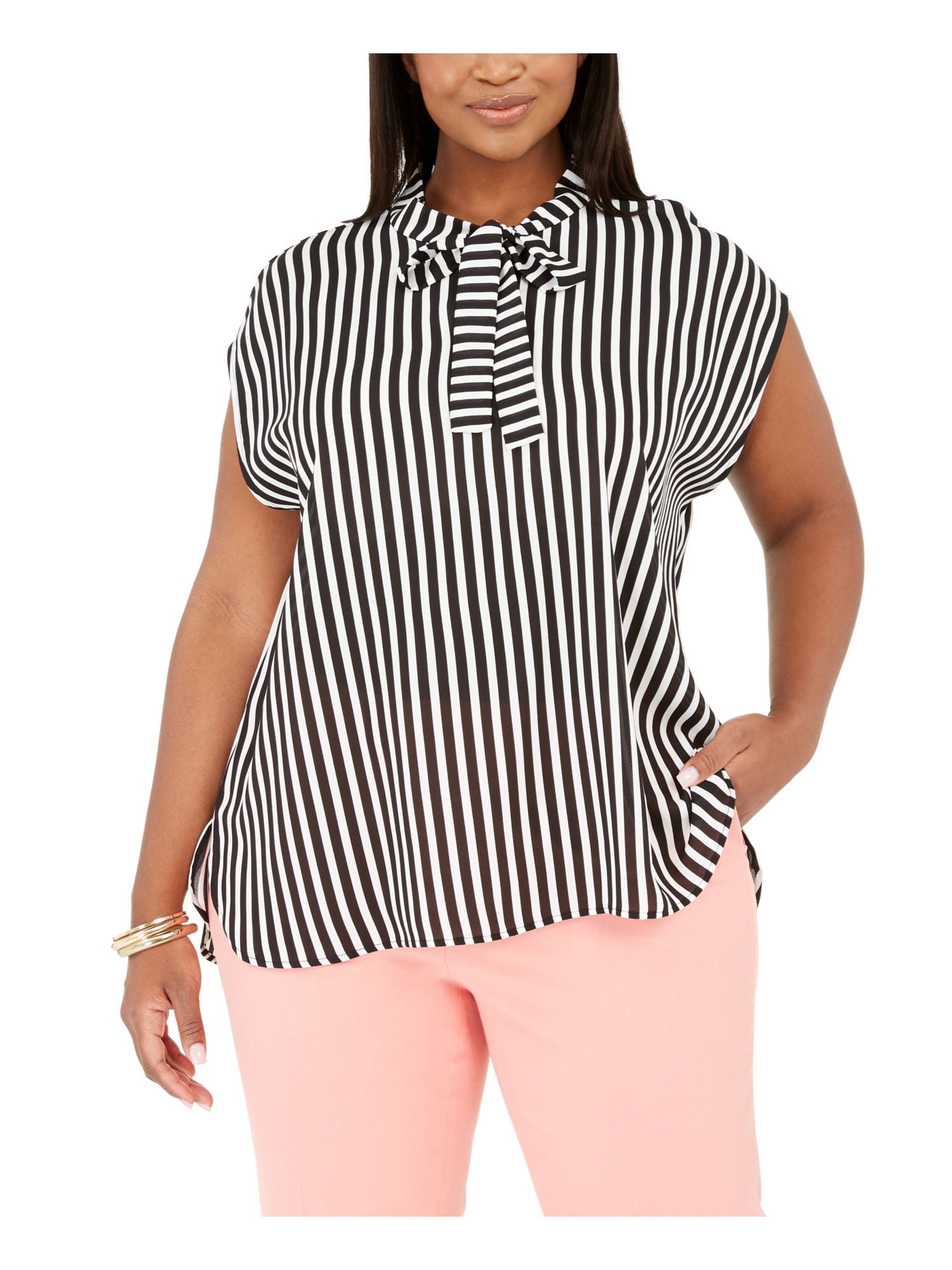 Trendy Plus Size Tie-Neck Striped Top