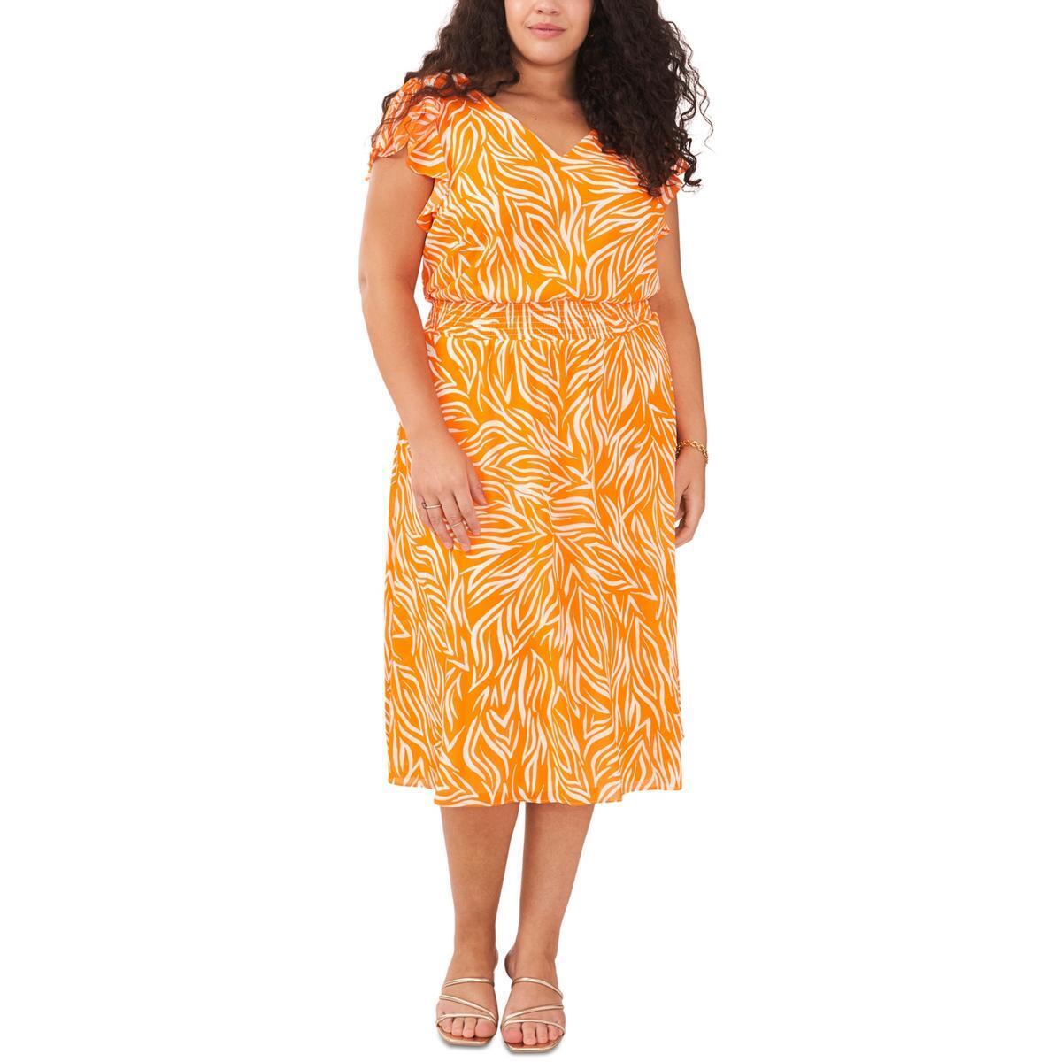 Vince Camuto Womens V-Neck Mid-Calf Flutter Sleeve MIDI Dress Plus
