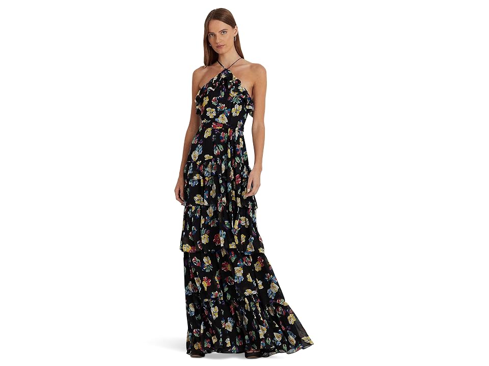LAUREN Ralph Lauren Floral Ruffle-Trim Georgette Halter Gown