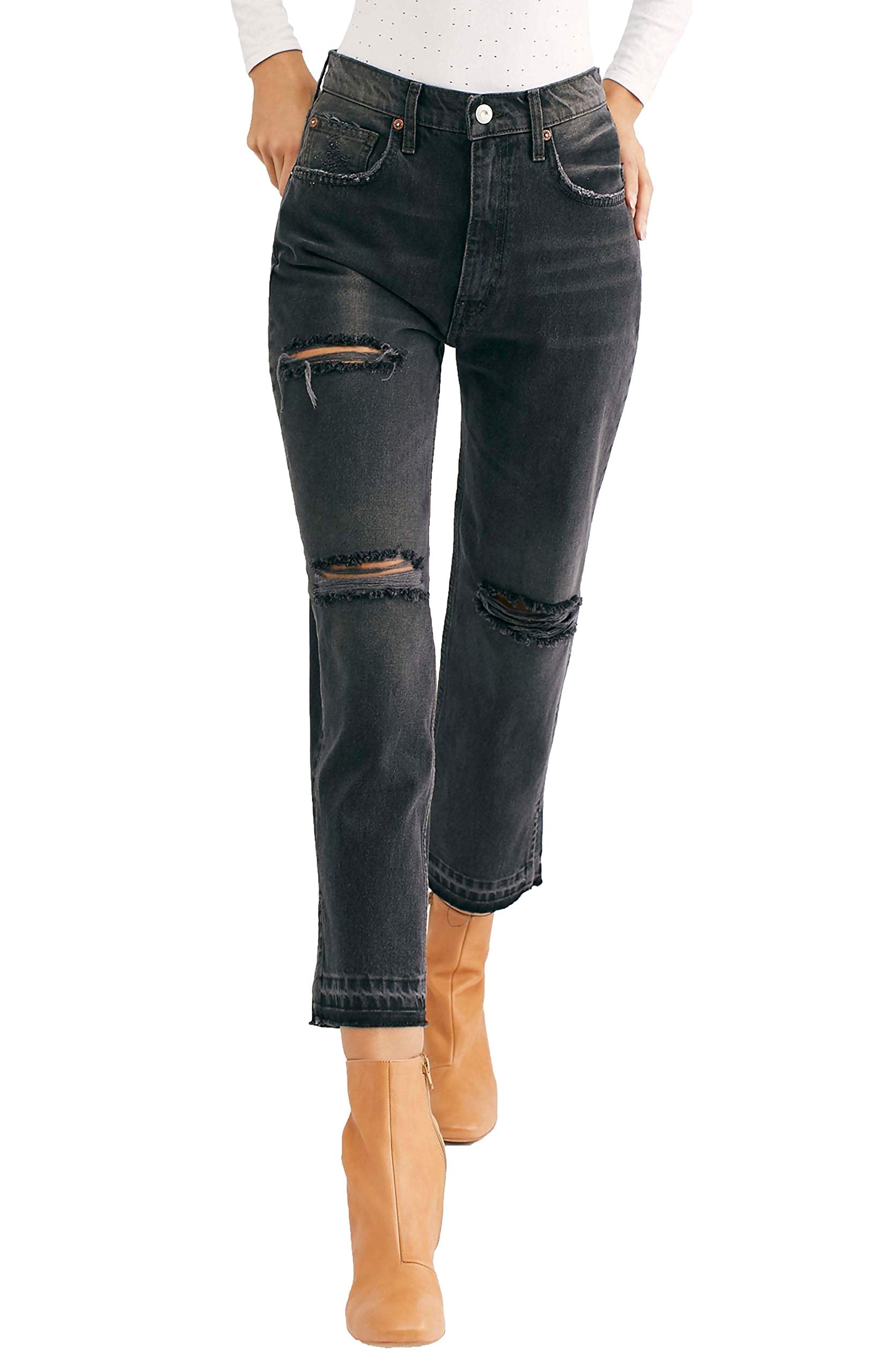 We The Free Womens Lita Denim Distressed Straight Leg Jeans Black 29
