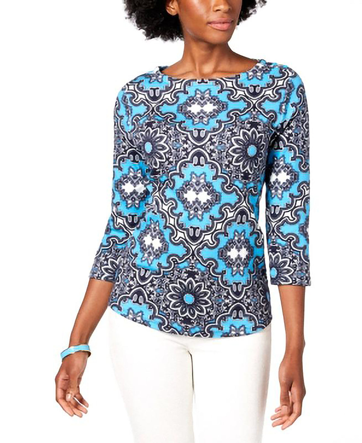 Charter Club Petite Button-Shoulder Print Top Turquoise Geo PM