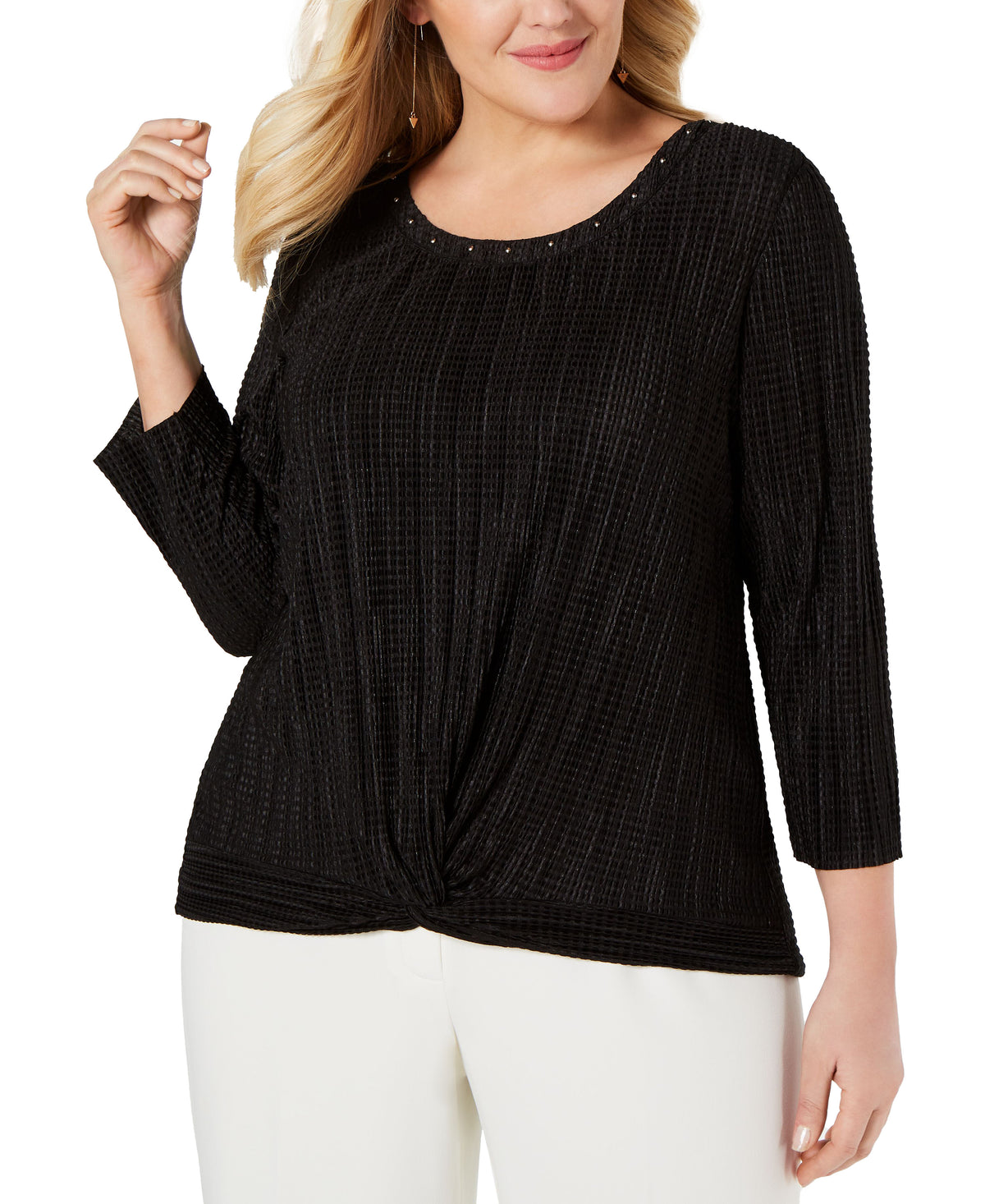 JM Collection Women's Plus Embellished Knot-Front Casual Top Deep Black 3X