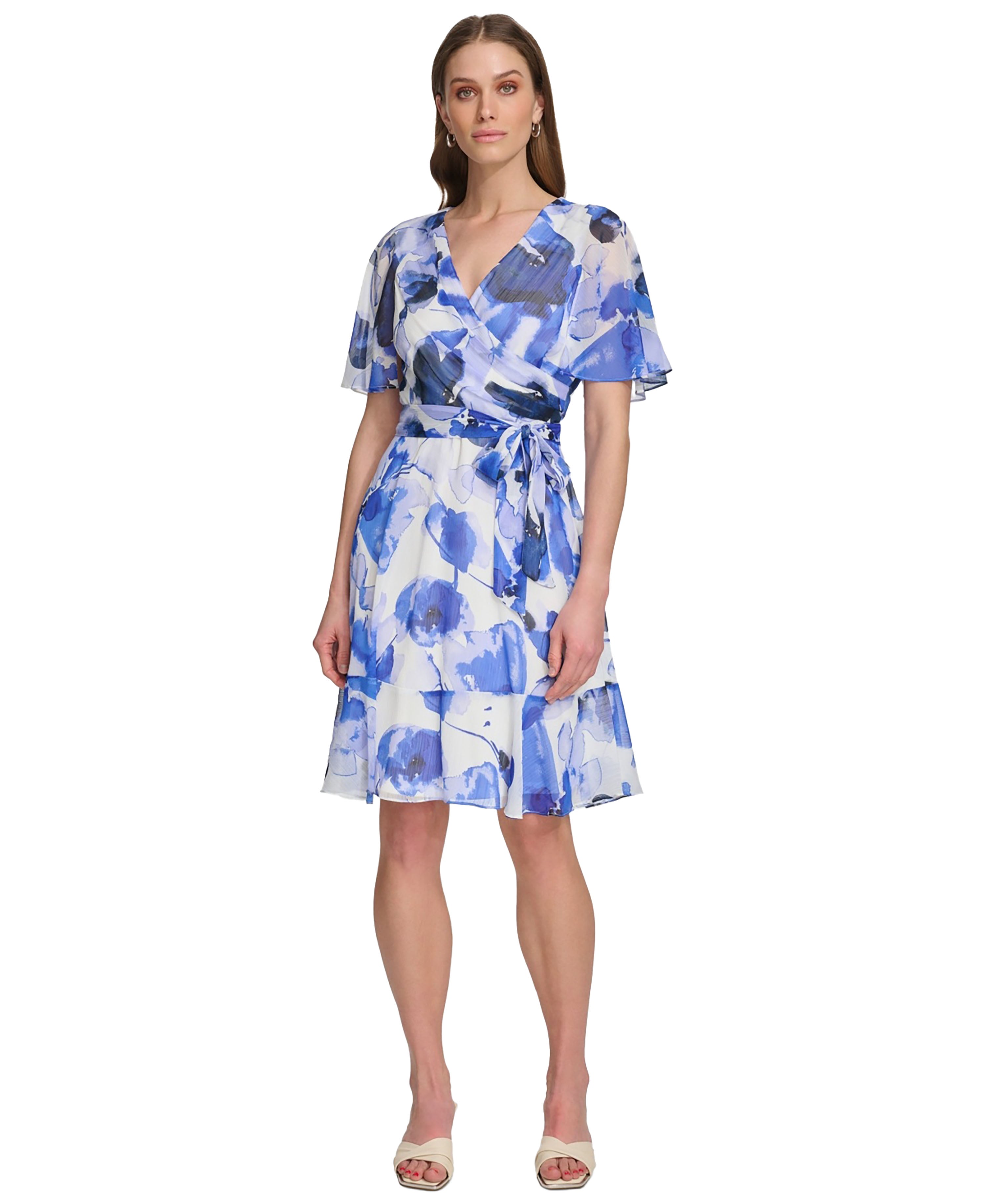 Petite Printed Flutter-Sleeve Tie-Waist Fit & Flare Chiffon Dress