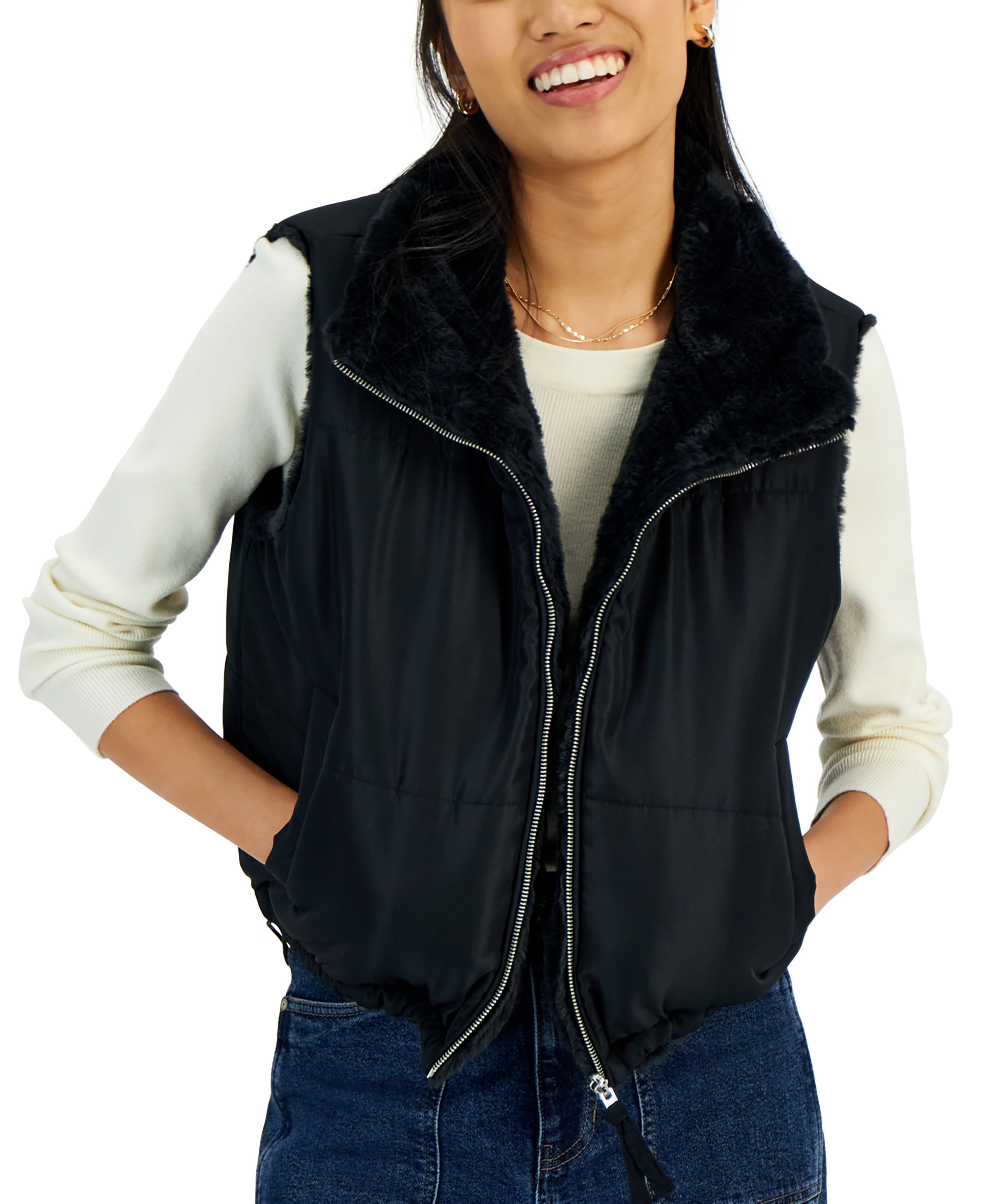 Juniors' Reversible Zip-Up Quilted Faux Fur Vest