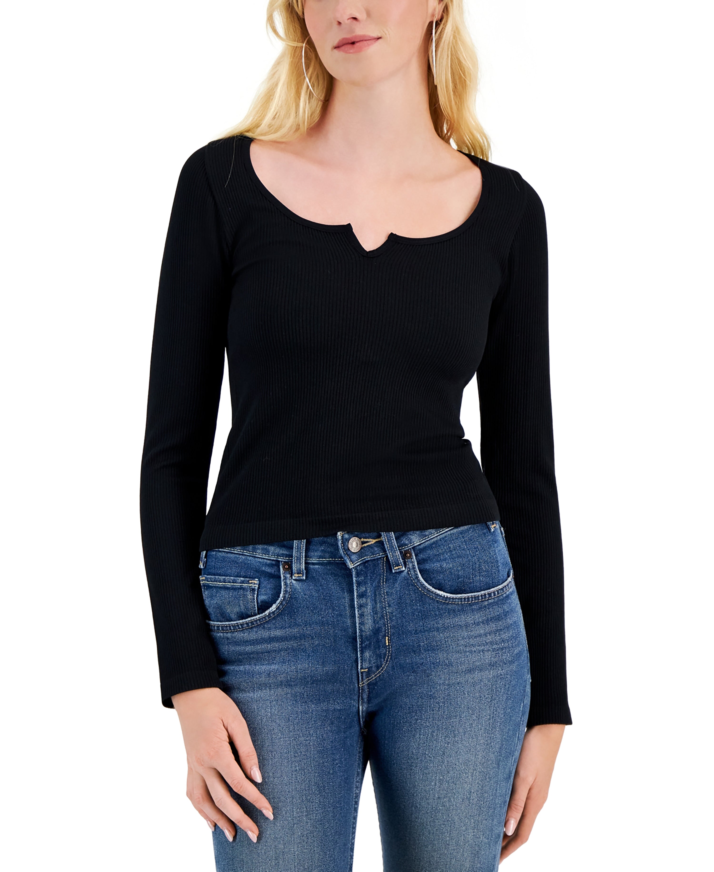 Juniors' Notched Neckline Ribbed Knit Long-Sleeve Top